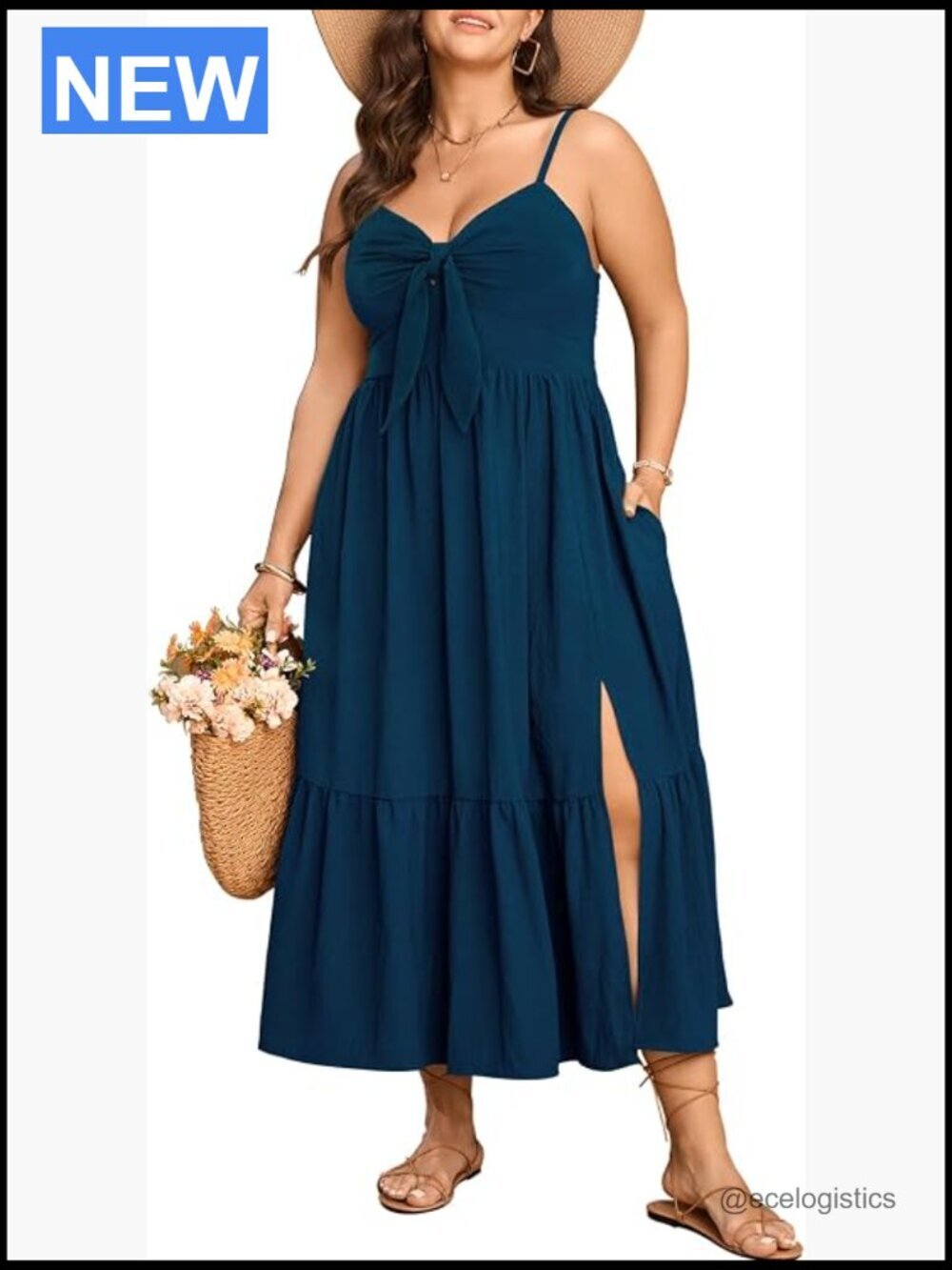 Plus Size Maxi Dress Spaghetti Strap Tie Front Smocked Ruffle Split Casual Boho